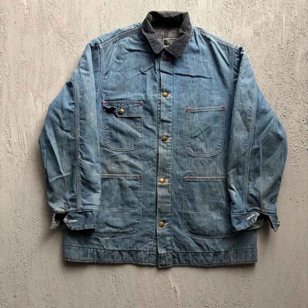 Vintage Sears Denim Chore Jacket Large Blue 1970s Blanket Lined Corduroy Collar